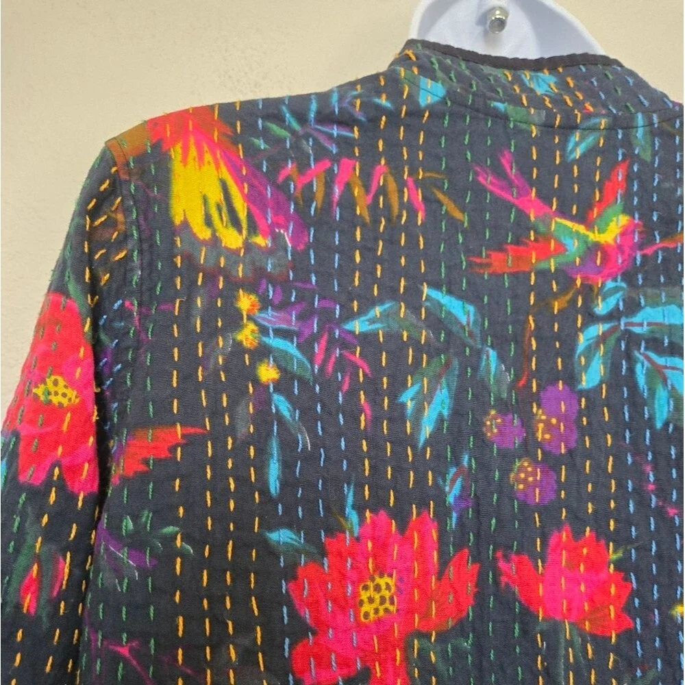 Bohemian Floral Birds Cotton Black Long Jacket Size Small - Picture 11 of 14